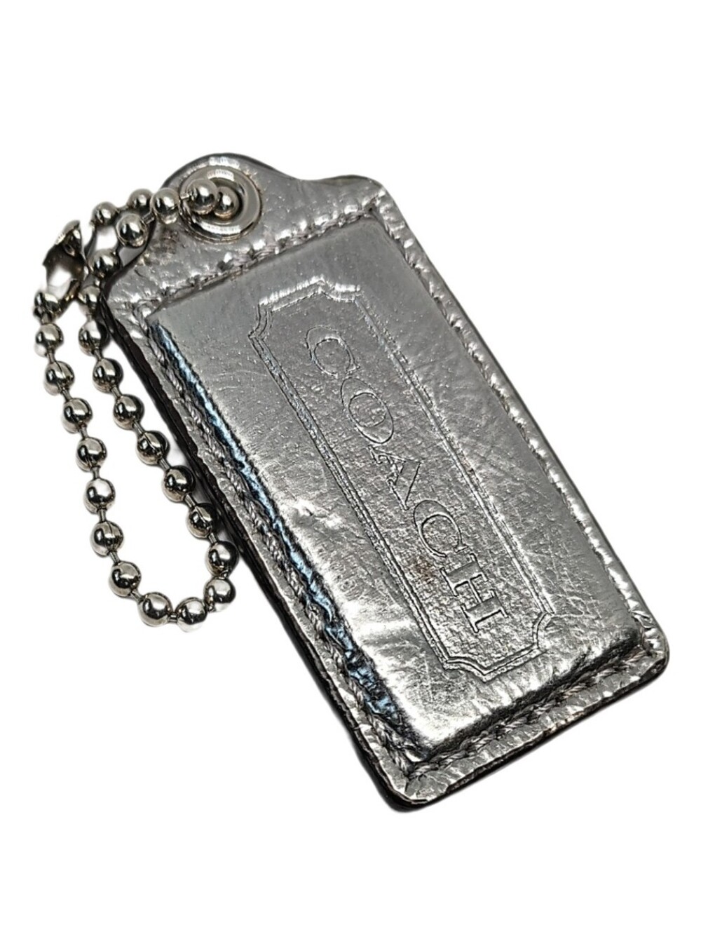 ❤️ 2.5" Coach Dark Metallic Silver Leather Hangtag Bag Fob Keychain Charm Y2K